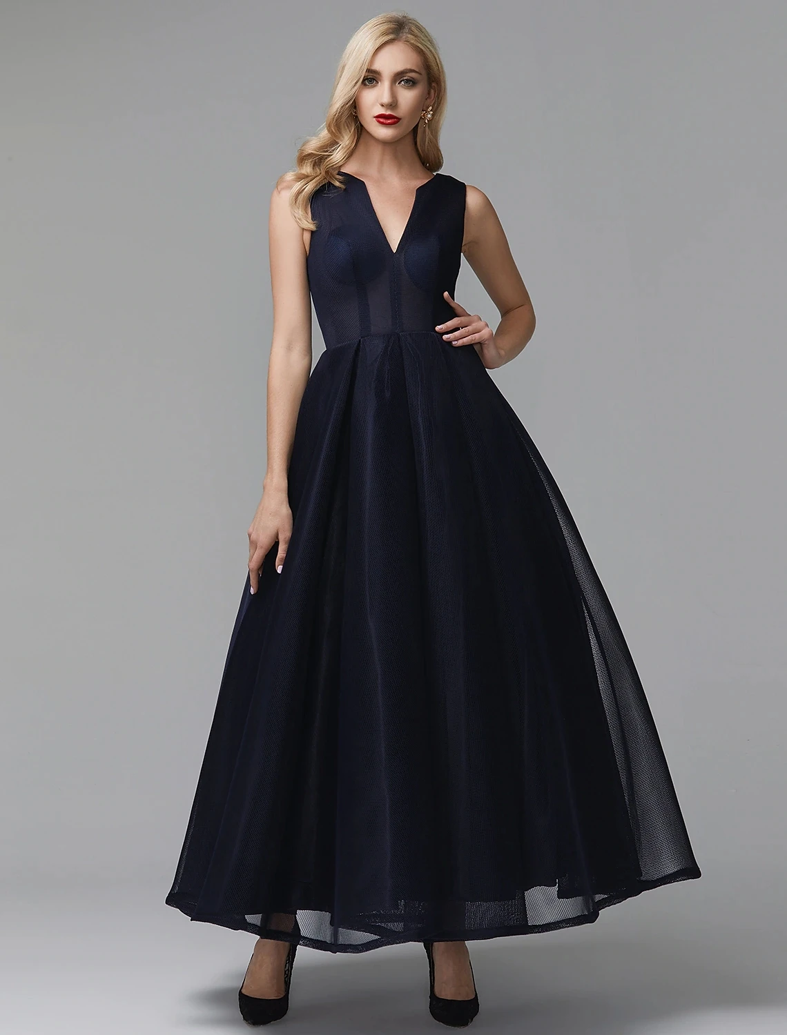 2023 Dark Navy Organza ชุดราตรี V คอความยาวข้อเท้าอย่างเป็นทางการ Gowns Robe De Soirée Femme