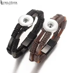 Black Weave 062 Real Genuine Leather Fit 18mm Snap Button Bangle Bracelet Charm Jewelry For Women Men Gift 21cm