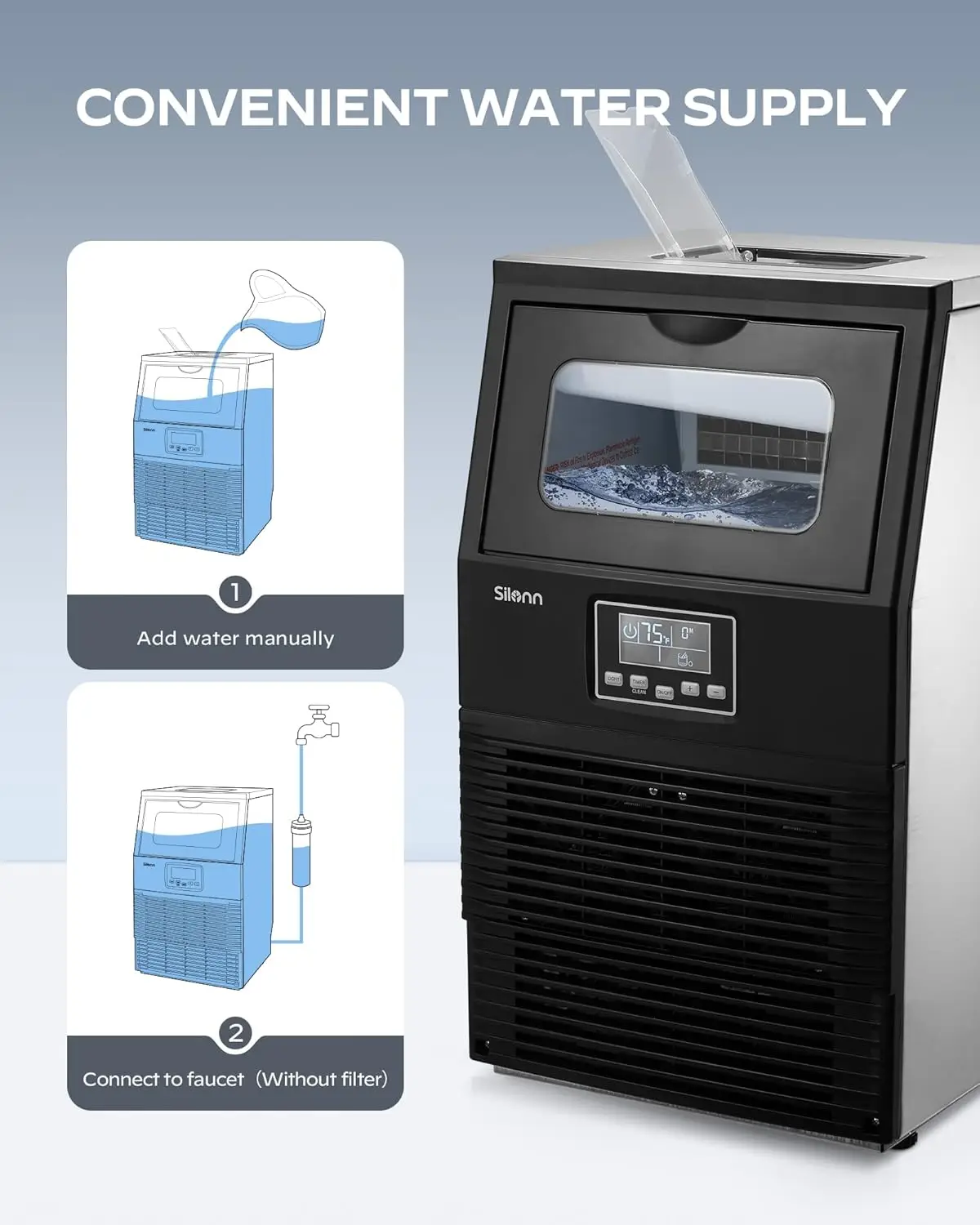 Silonn-Machine à glaçons commerciale, 84lb/24h, construction en acier inoxydable entièrement résistante, cubes transparents pour la maison