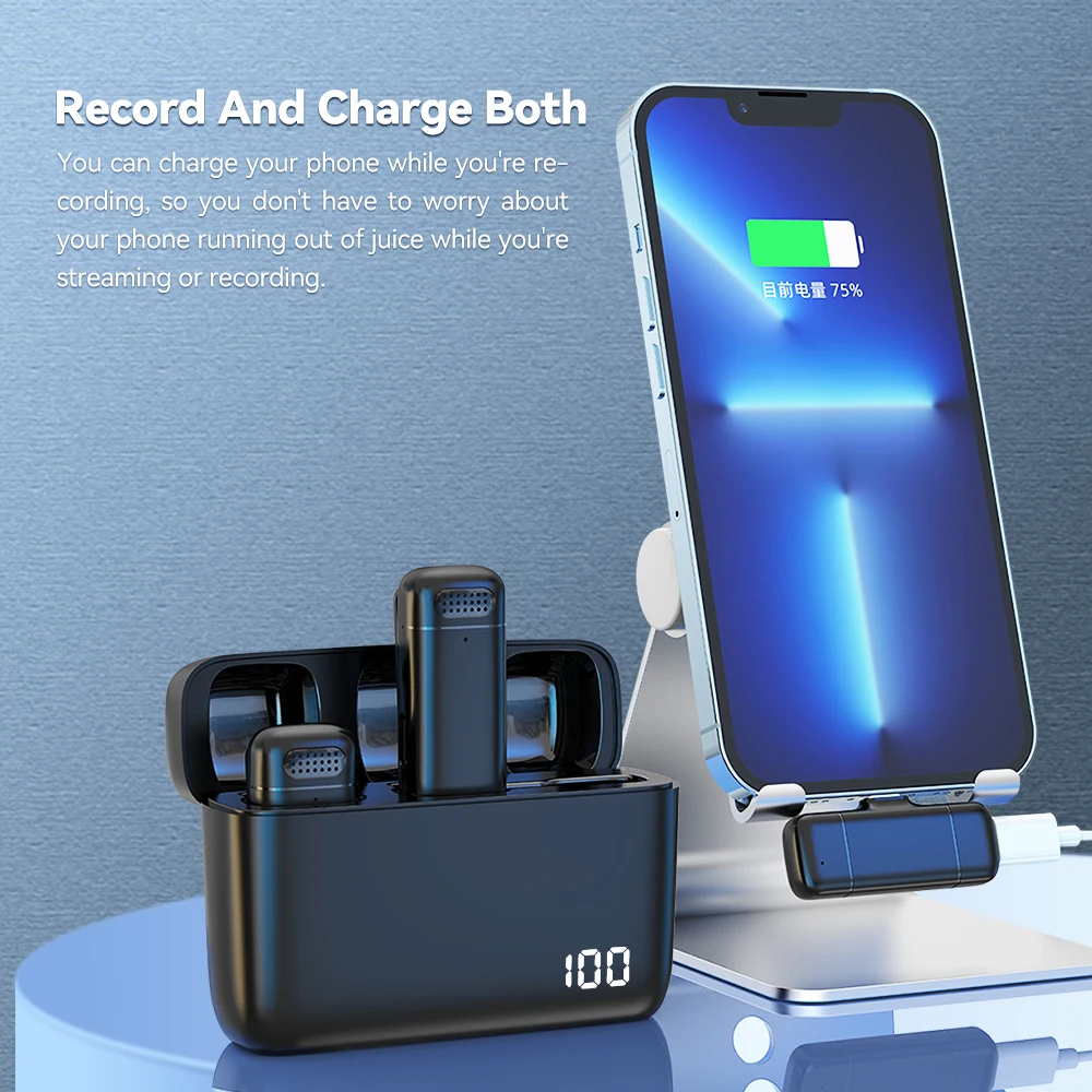

Lavalier Microphone 2.4G Wireless Stereo microphone with charging case for Live Interview Outdoor Noise Cancelling Lapel Mic