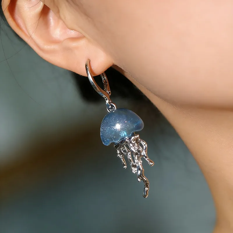 Cute Blue Jellyfish Ocean Pendant Earrings for Women Girls Unique Aesthetic Charm 2000s Harajuku EMO Vintage Jewelry Accessories