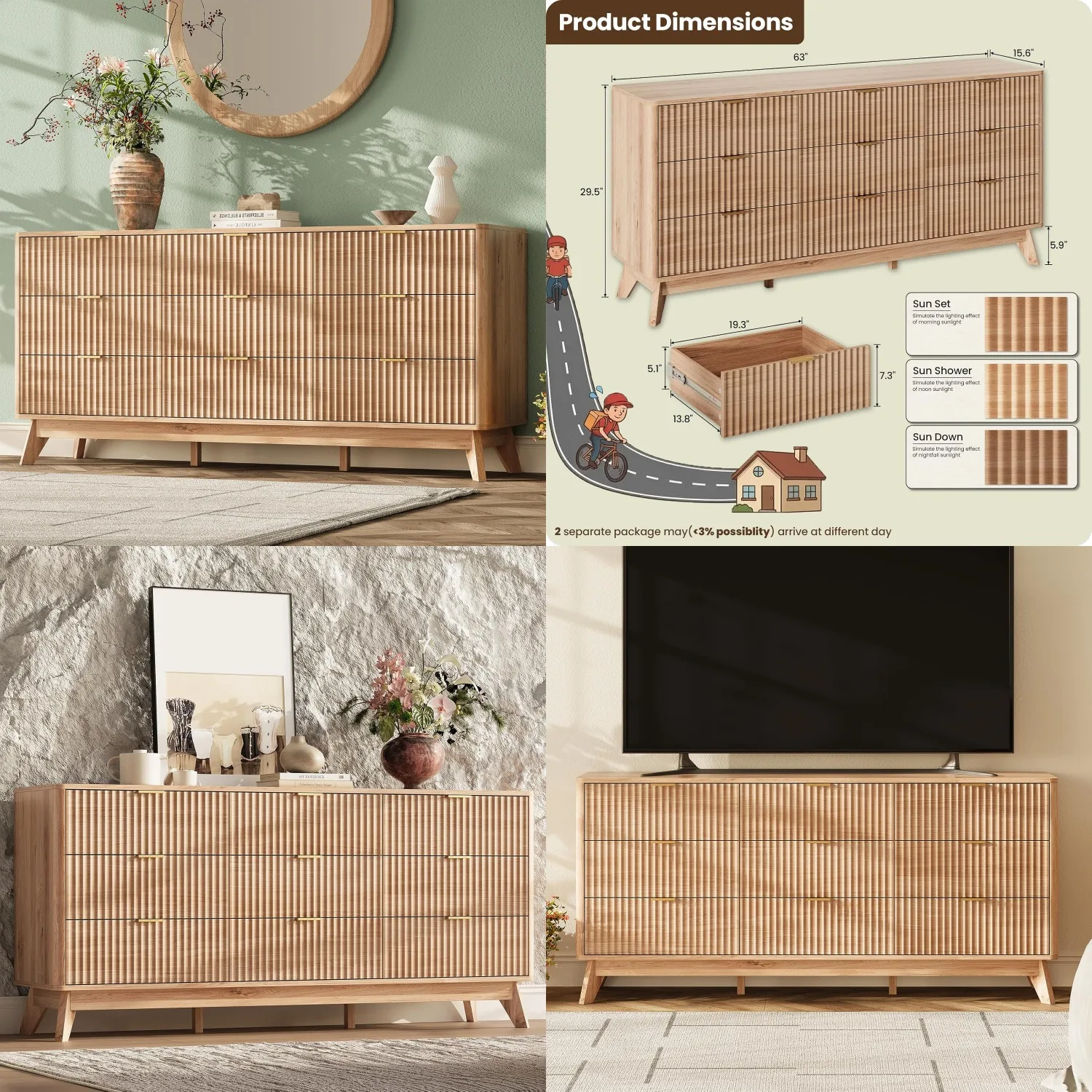 63'' Wide 9 Drawer Dresser Modern Fluted Vertical Chest Rounded Corners Bedroom Living Room Hallway Natural Wood, Customized