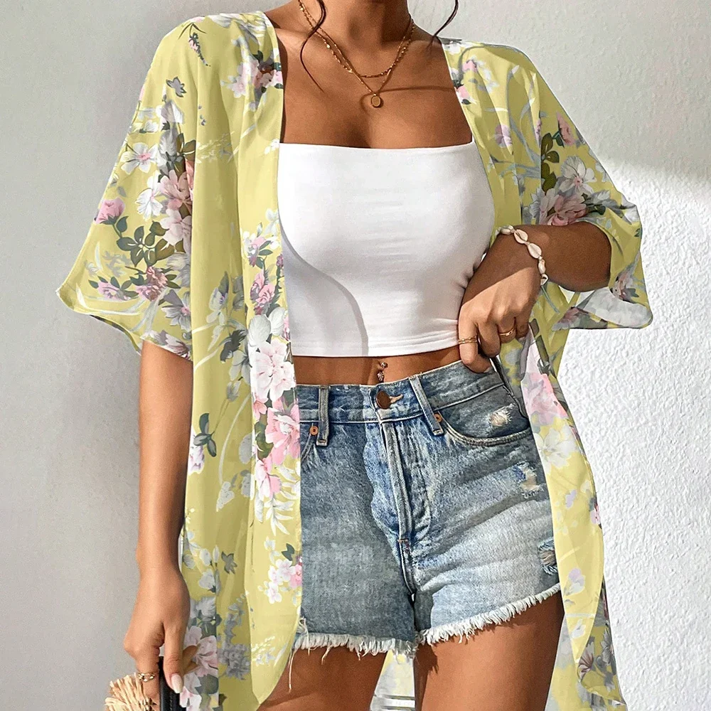 2024 Beach Wear covered luxury women's social shirt fashion top 3D printed batwing sleeve chiffon kimono swimsuit for women