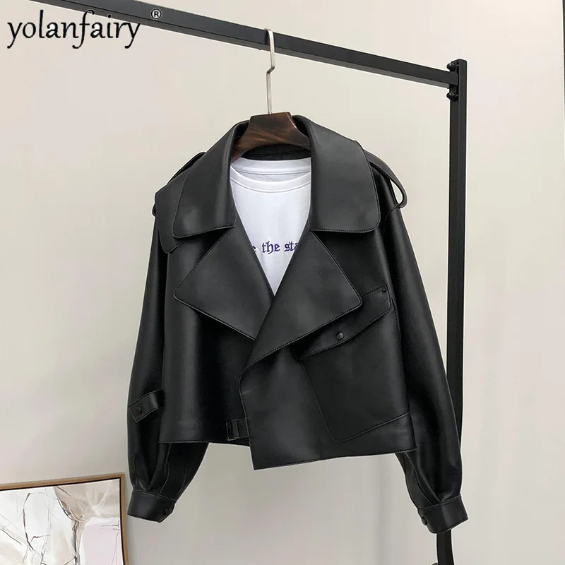 Trendy Large Collar Leather Jacket Women's Short Real Sheepskin Trech Coats Female Clothing 2023 New in Outwears Korean Fashion