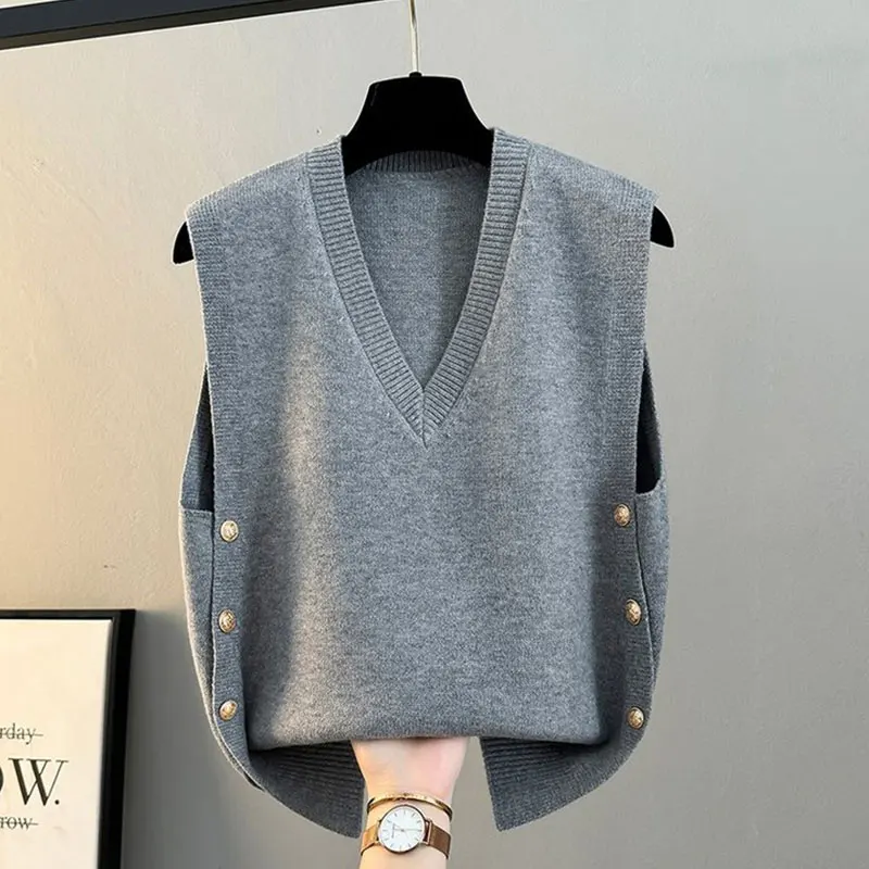 سترة نسائية محبوكة سوداء بدون أكمام سترة جديدة غير رسمية برقبة على شكل حرف v سترة نسائية ملابس علوية للسيدات Sueters De Mujer Q1695