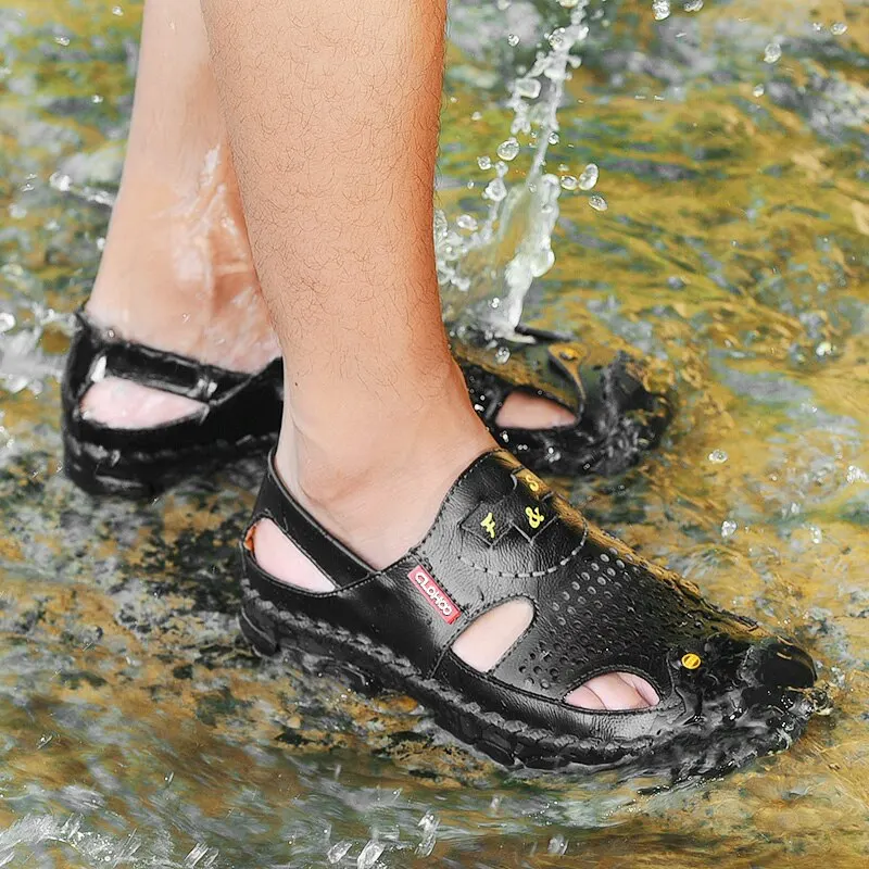 Men Genuine Leather Shoes Men\'s Sandals Durable Handmade Stitching Close Toe Non Slip Shoes For Indoor Outdoor Beach Casual
