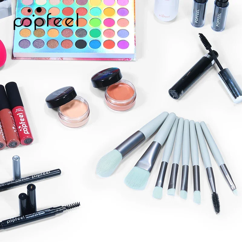 POPFEEL All In One Makeup Kit Cosmetics Set Eyeshadow Palette Concealer Foundation Makeup Brush Eyebrow Pencil Lipgloss Kit