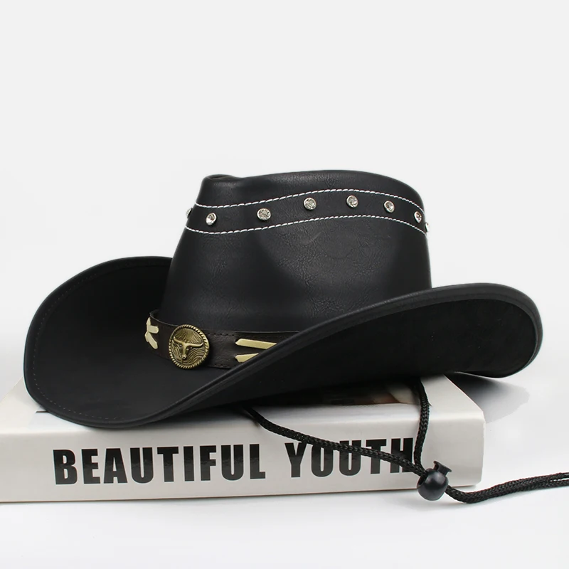 Retro Cow Head Leather Band  Women Men  PU Leather Roll Up Wide Brim Sombrero Sun Cap Beach Cowboy Cowgirl Western Hat Adjust