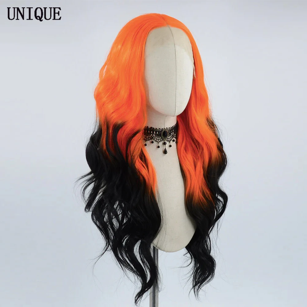 UNIQUE Long 26 Inch Synthetic Ombre Wig Orange Black Lace Front Wigs for Women Heat Resistant Fiber Glueless Body Wave Wig Hair