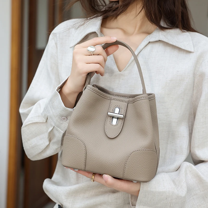 Women Mini Genuine Leather Bucket Bag, Small Real Leather Crossbody Top Handle Drawstring Shoulder Bag Luxury Designer Handbag