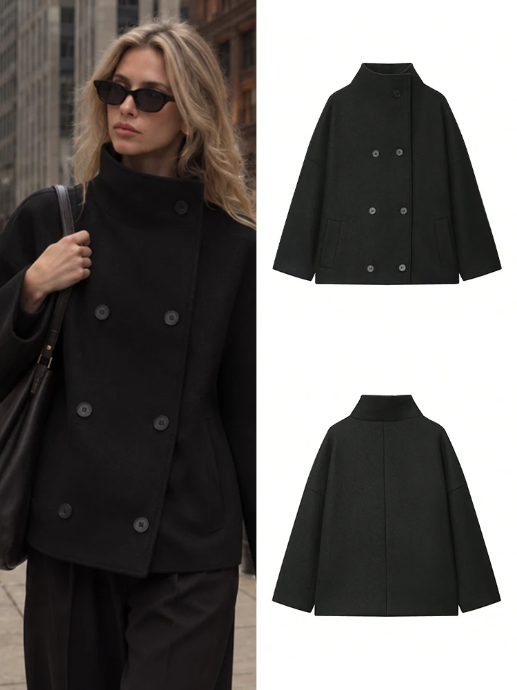 HH Women Black Warm Wool Coat Vintage Double Breasted Simple Basic Stand Collar Outerwear Autumn Winter Office Commute Jacket