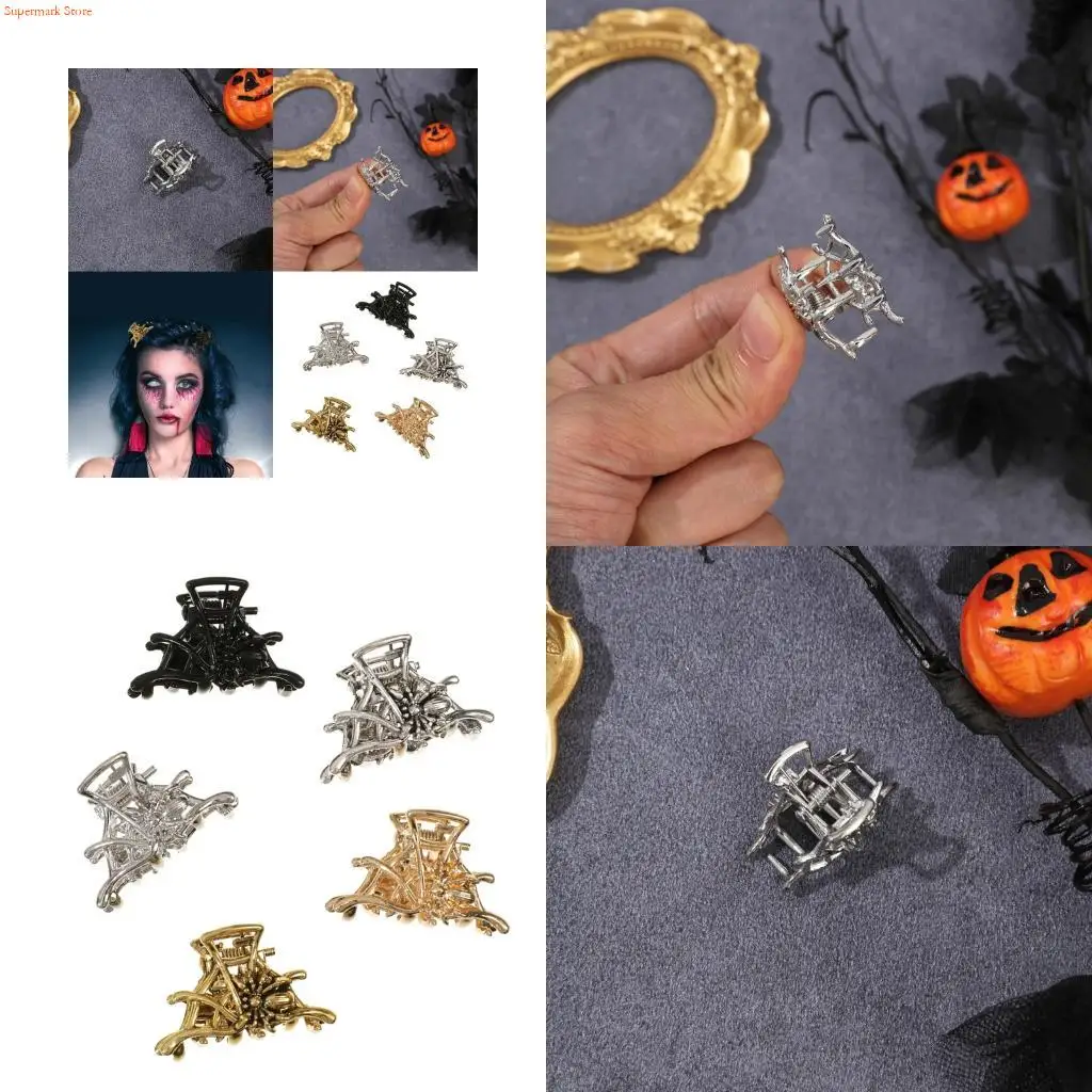 Q5WE 5 Piece Skull Shaped Arachnid Hair Clip Strong Hold Zinc Metal Hair Accessories For Halloween Role Play Event