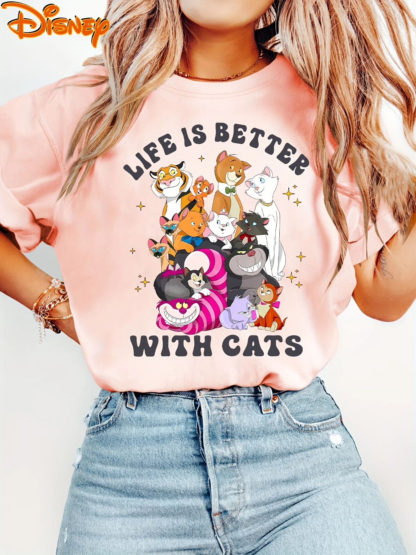 เสื้อยืดดิสนีย์ ชีวิตดีขึ้นกับแมว สำหรับผู้หญิง ผู้ชาย ผ้าฝ้าย แขนสั้น ทรงโอเวอร์ไซส์ สไตล์ลำลอง เสื้อคู่ เสื้อครอบครัวเข้าชุด