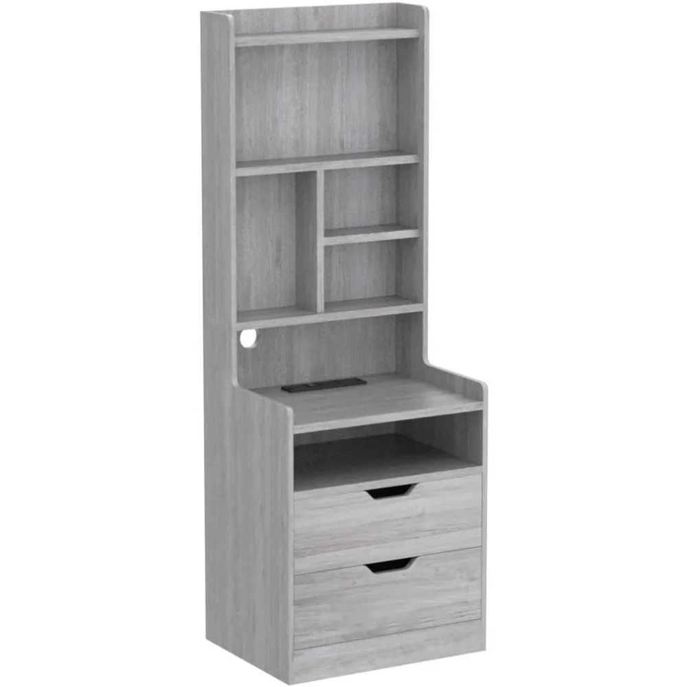 Tall Nightstand with Charging Station and LED Lights, LED Gray Nightstand with Drawers and Shelves, Tall Bedside Table Bookshelf image 5
