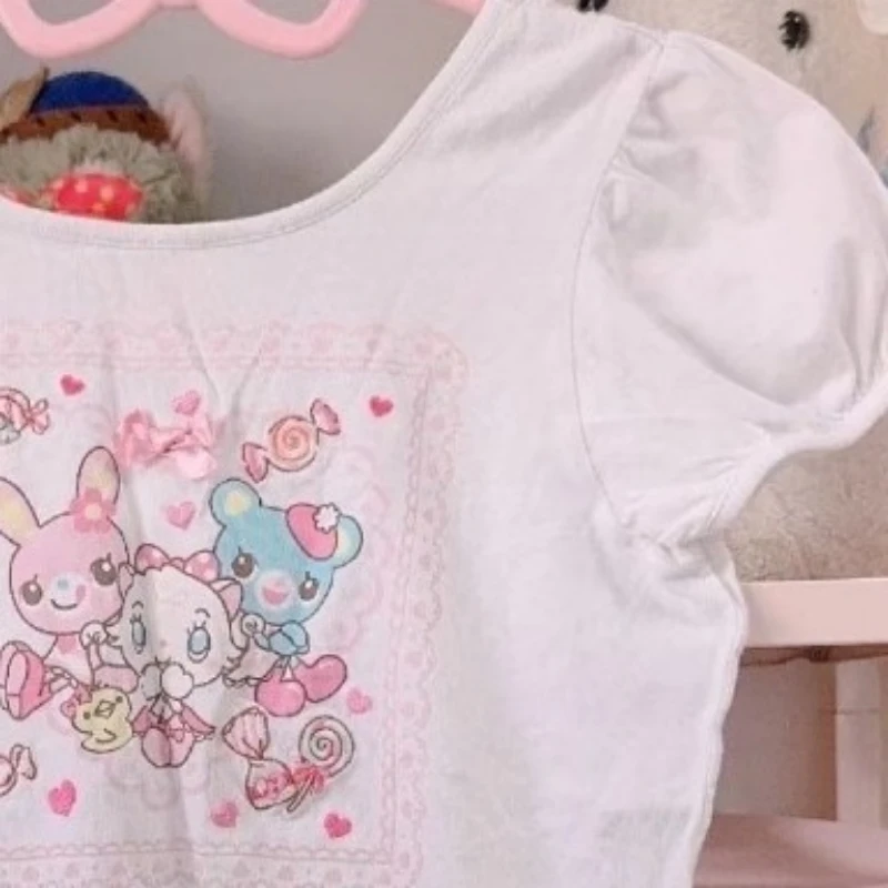 اليابانية Kawaii الكرتون تي شيرت مطبوع Harajuku عادية فضفاض نفخة كم بلايز 2025 الصيف المرأة لطيف الجرونج تكدرت القمم #5