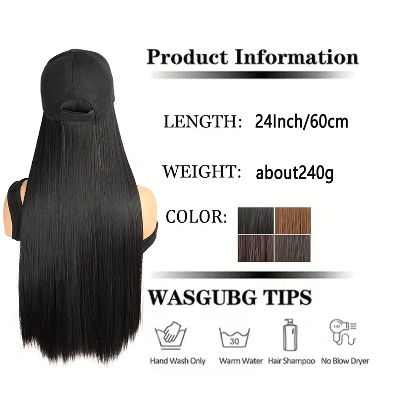 24Inch Synthetic Long Straight Hair Wig for Women Baseball Cap Adjustable Heat-Resistant Hat Wigs Daily Use