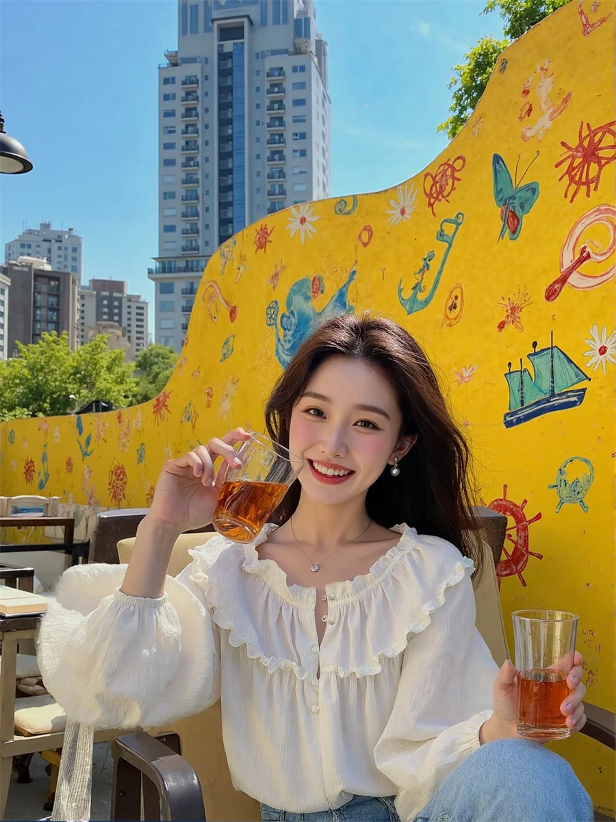 

Long Sleeve Women Summer Shirts Pearls O Neck Round Collar Button Front Simple Basic Minimalist Fashion Casual Tops Blouses