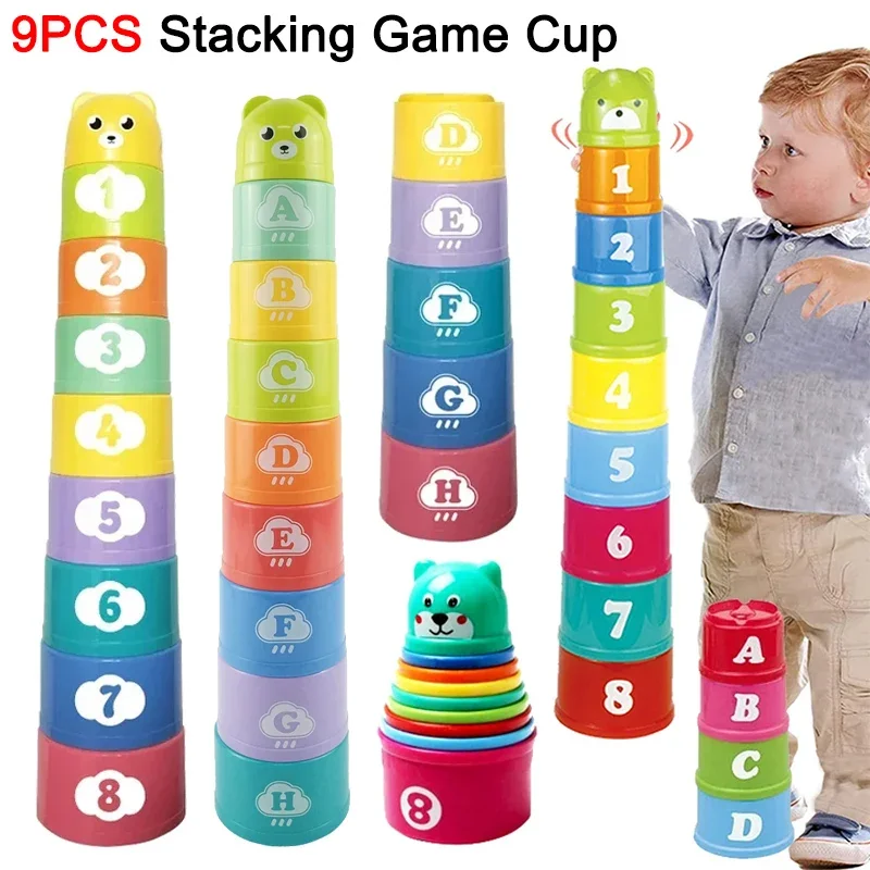9PCS Stacking Cups Stackable Rainbow Tower with Numbers Letters Shapes Children's Educational Montessori Toys Beach Kids ﻿Gifts