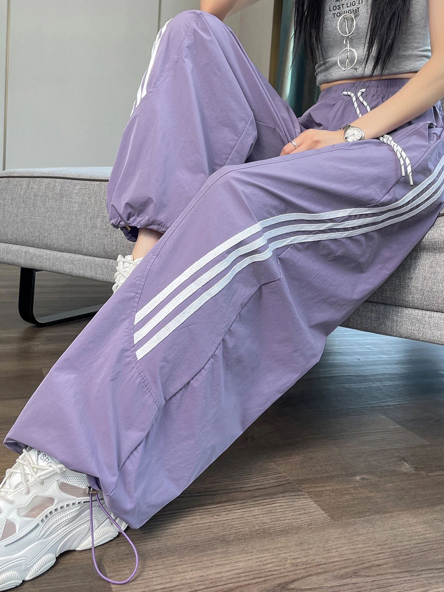 

American Style Quick Dry Striped Sports Pants Women Summer Thin Cool Wide Leg Pants Loose Waist Jazz Pants Casual Straight Leg