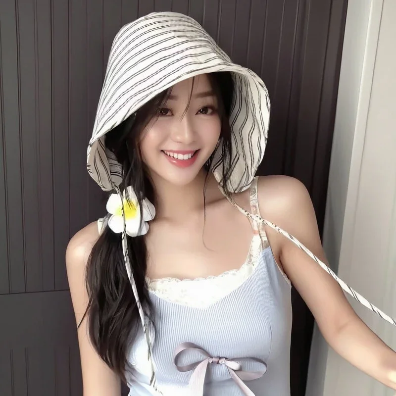 여성용 스트링 접이식 챙 넓은 버킷햇, 한국 스트라이프 패턴 여성 파나마 밥 야외 해변 낚시꾼 모자