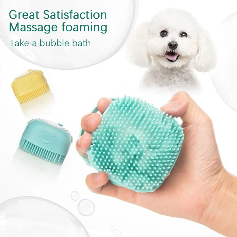 Pet Grooming Bath Massage Brush With Soap And Shampoo Dispenser Soft Silicone Bristle For Long Short Haired Dogs Cats Shower