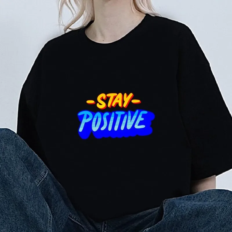 Stay Positive Shark Boy T Shirt Women Couple Combination Clothes Short Sleeve Collar Fashion Man Cotton