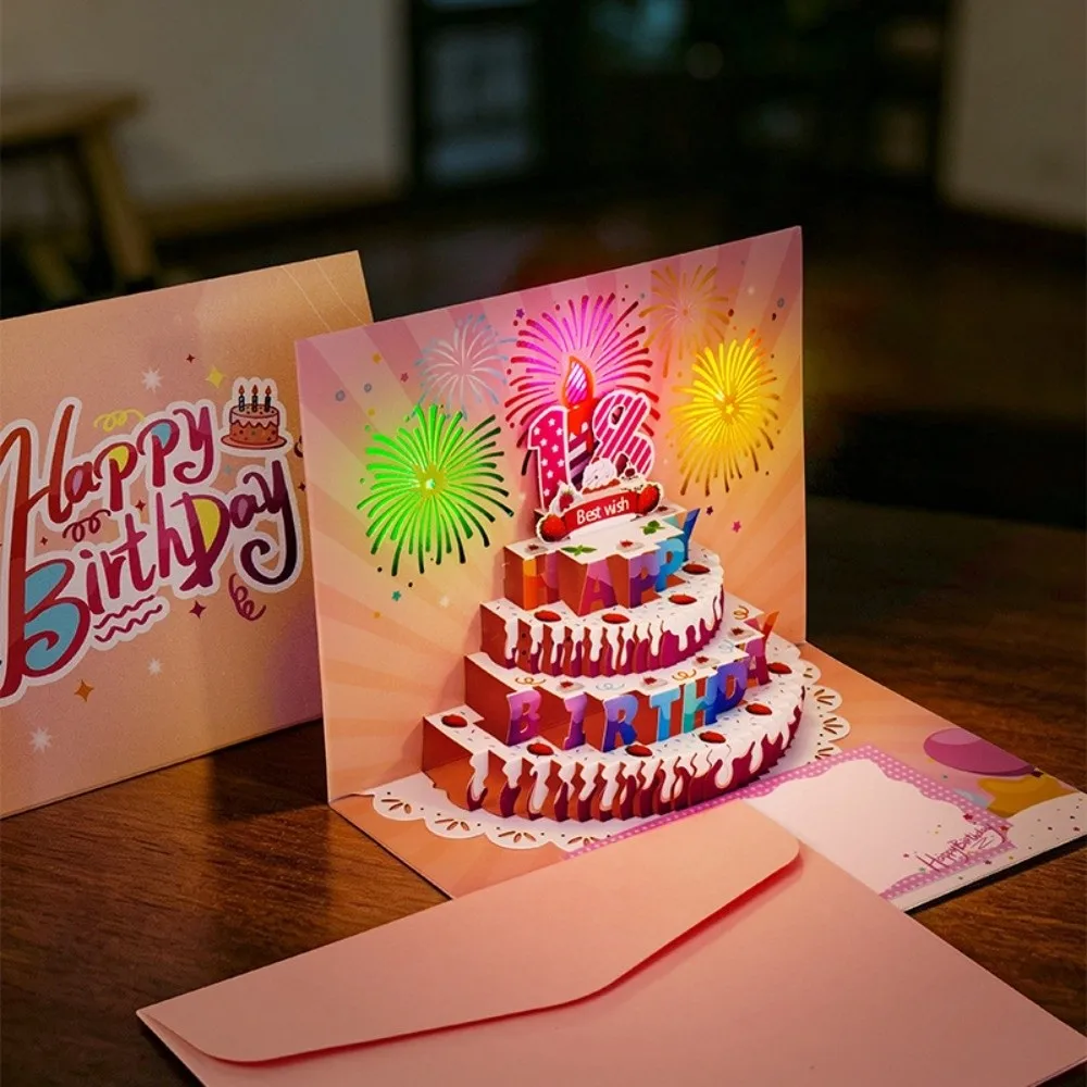 Pop Up 3D Music Light Birthday Cards Creative Smart Sensor Happy Birthday Greeting Card Foldable Automatic Opening