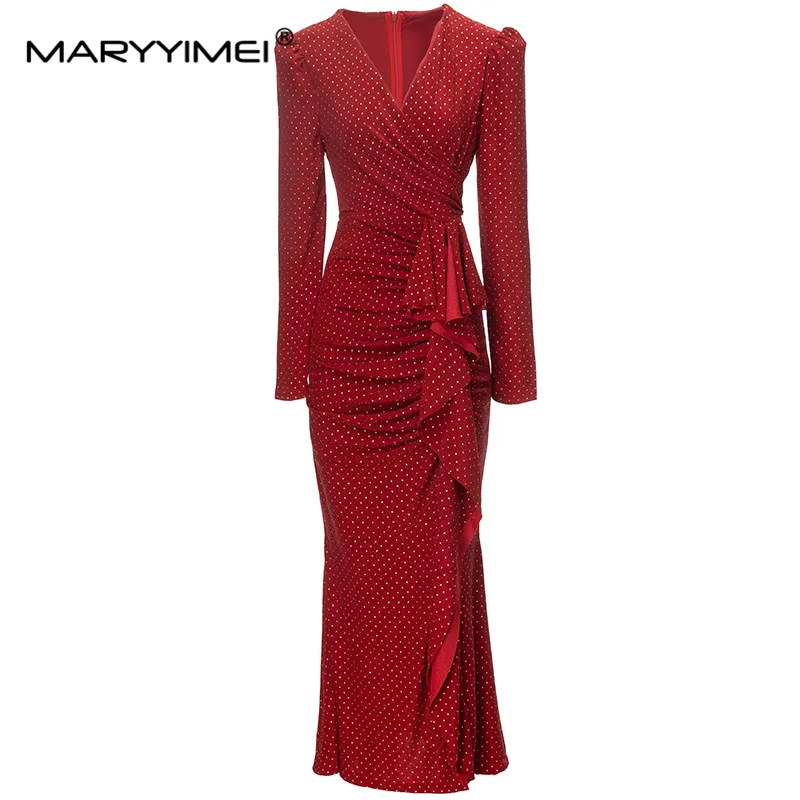 

MARYYIMEI Fashion Runway Designer Women's V-Neck Long Sleeve Sexy Polka Dot Print Frilly Slit Slim-Fit Wrap Hip Fishtail Dress