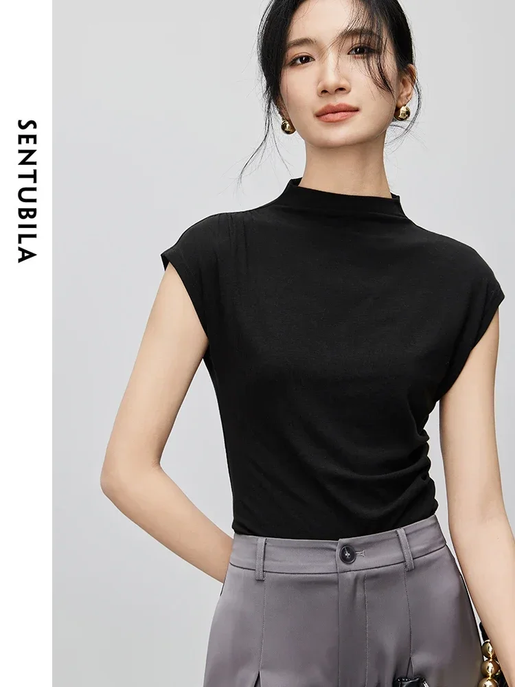 SENTUBILA Shirring Simple T-shirt for Women 2024 Summer Basic Solid Knit Short Sleeve Top Pullover Comfortable Clothes 142H54423