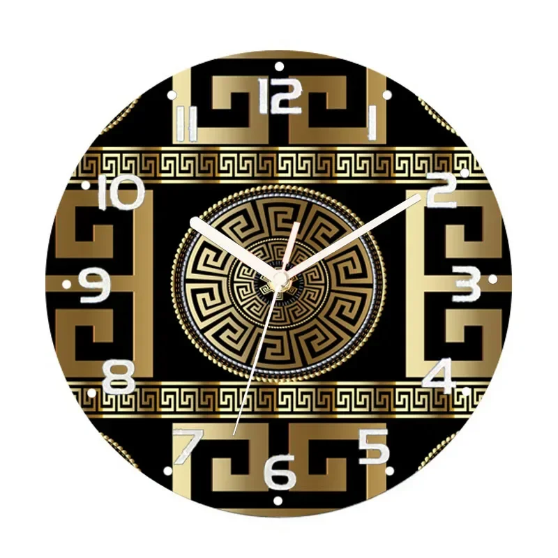 3D Luxury Gold Greek Key Meander Ornament Wall Clock Living Room Bedroom Large Round  Watch Clocks for Home Decoration Gift