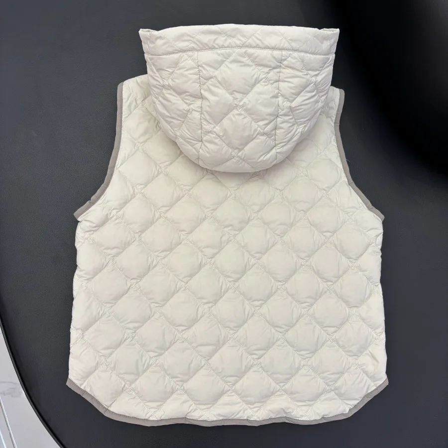 Gilet en duvet de canard blanc pour femme, coupe ajustée, à capuche, sans manches, avec motif de grille de diamant, nouvelle collection automne/hiver