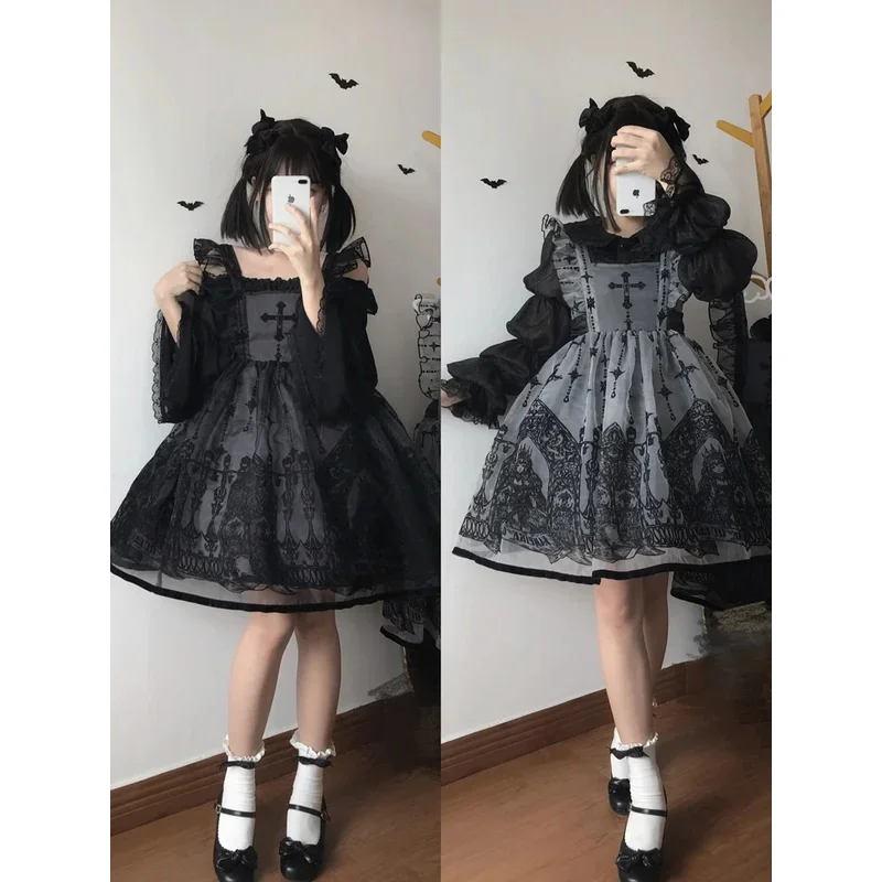 qq78Request7Gaun Lolita Musim Semi dan Musim Gugur JSK Angin Gelap Lucu Manis Hitam Abu-abu Renda Kerah Persegi Silang Penyihir Bordir Busur Ka