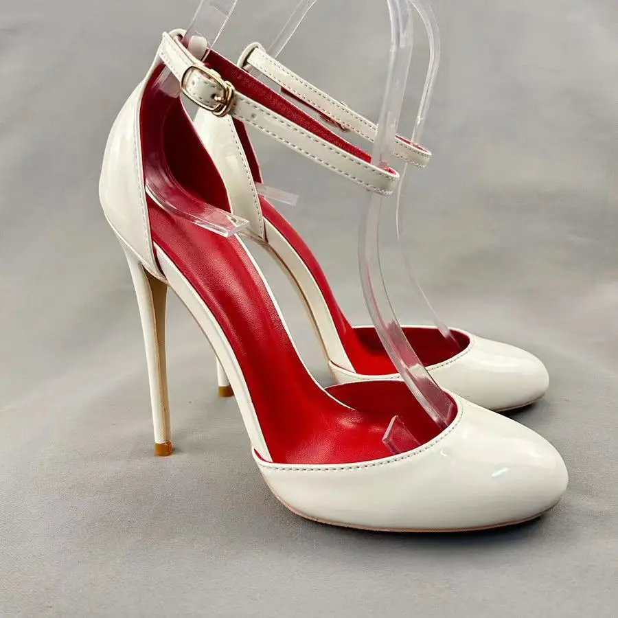 New Round Toe Patent Leather High Heels Ankle Strap Party Dress Heels Pumps Red Black White Sandals Stiletto Women Shoes