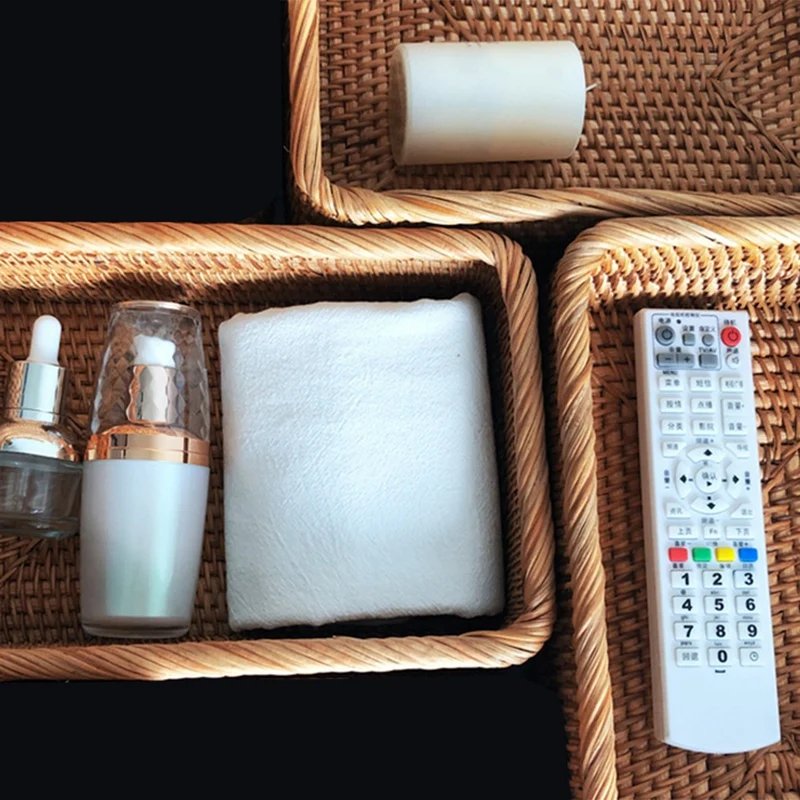 Hand-Woven Rectangular Rattan Wicker Basket Fruit Tea Snack Bread Picnic Cosmetic Storage Box Kitchen Household Tools