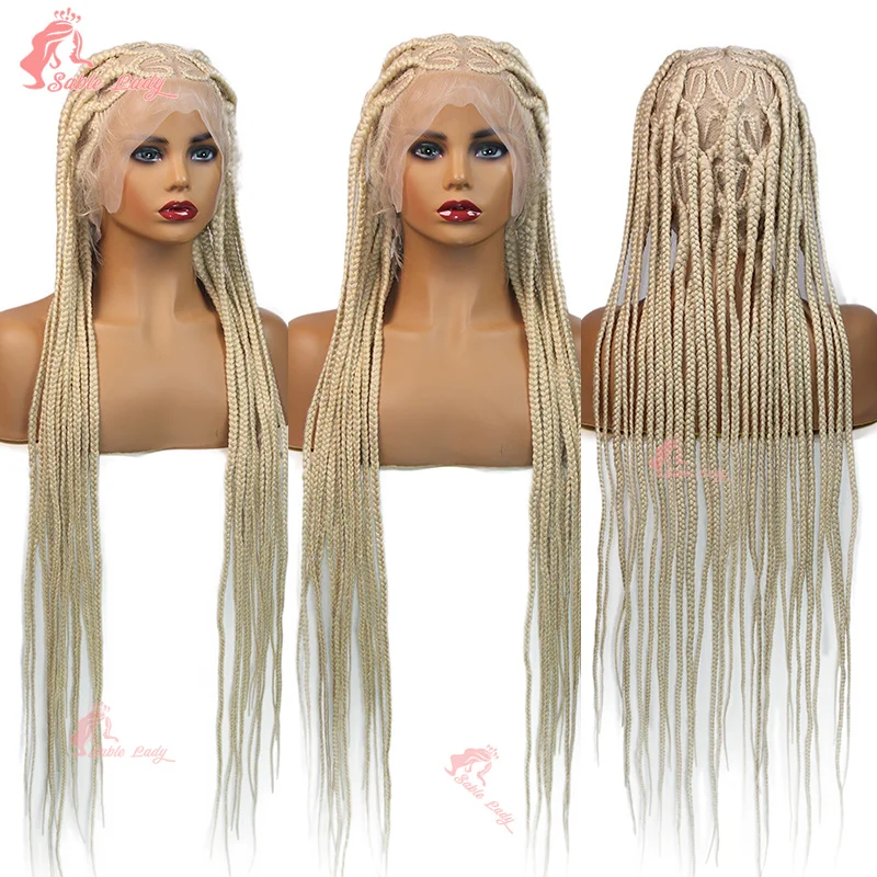 Pelucas sintéticas de 36 ", caja de corazón, pelucas llenas trenzadas de encaje, trenzas Cornrow Borgoña, pelucas de encaje para mujer, cabello trenzado africano de imitación Locs