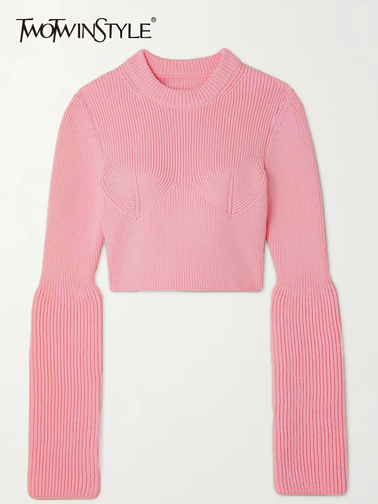 

TWOTWINSTYLE Solid Slimming Knitting Sweaters For Women Round Neck Long Sleeve Pullover Sweaetr Female Fashion Clothing 2023 New