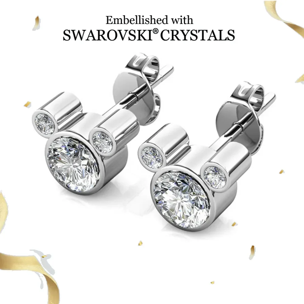 Daisini Women's Mickey Mouse Stud Earrings with Swarovski Crystals Rhodium Plated, Cute Cartoon Design Sparkling Ear Jewelry
