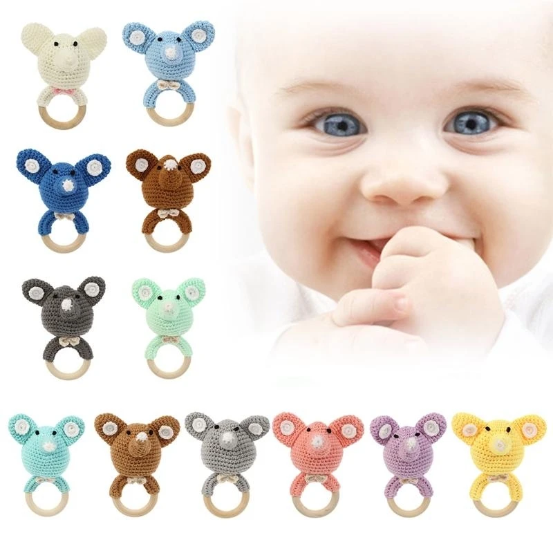 

J15U Cartoon Crochet Elephant Rattle Baby Wooden Teether Ring Infant Teething Nursing Soother for Play Gym Educational Toy