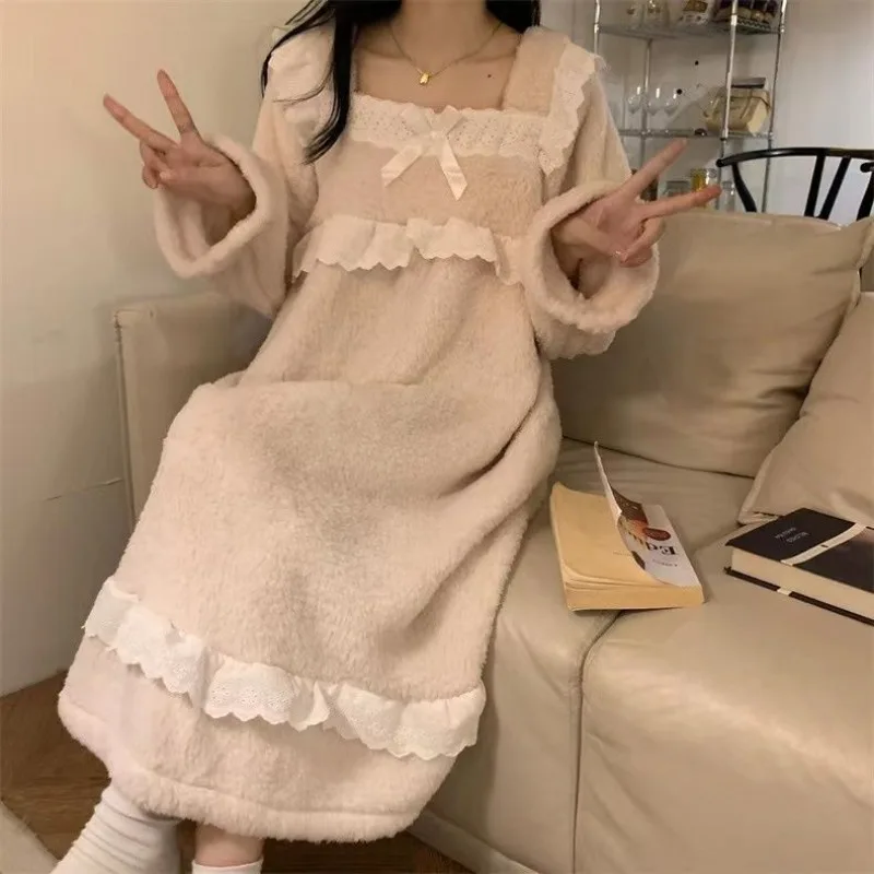 Lace Women Nightgown Korean Sleepwear Fleece Winter Night Dress Knee Length One Piece Pajama Square Collar Warm Ruffle Home Wear