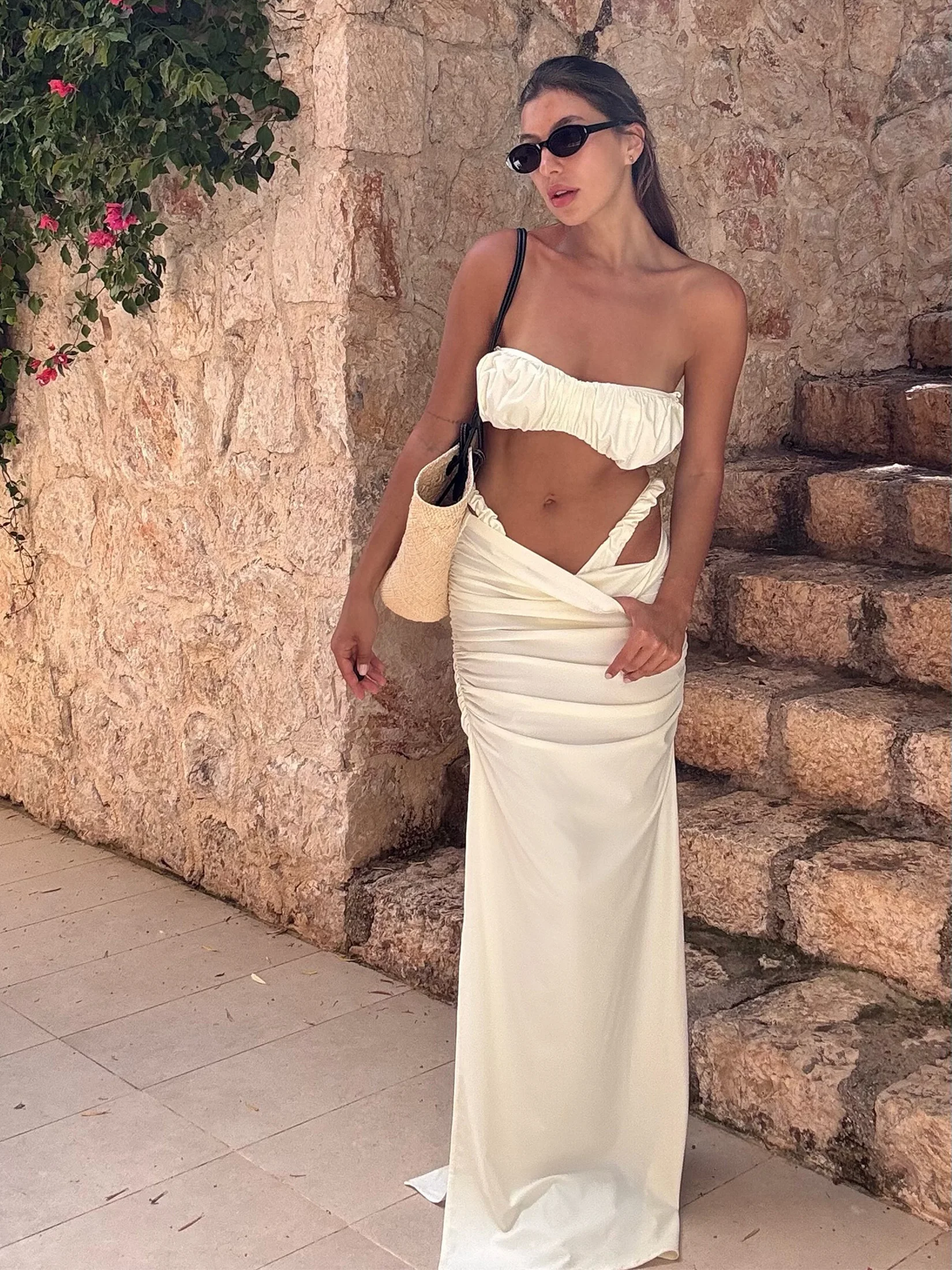 

Ruched Bandeau Swimsuit Strapless 3 Piece White Bubble Bikini Sets White High-Cut Maxi Skirt Swimswear Luxury Beach Outfit 2025