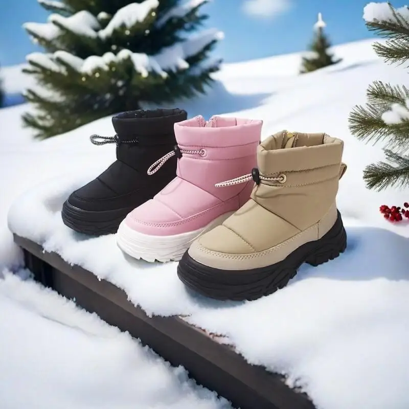 

Kawaii Casual Shoe Fashion Childrens Shoe Winter Kids Side Zipper Boots Thick Cotton Fleece Lined Snow Boots Warm Boys Girls