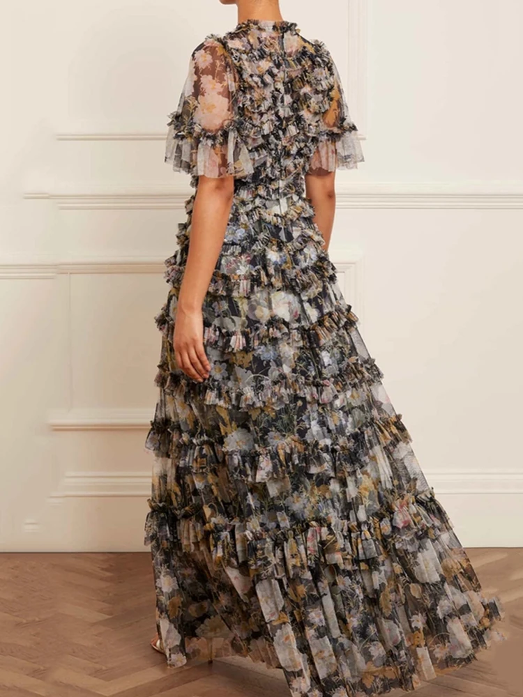 Retro tingimento multi camada cogumelo borda em torno do pescoço cintura vestido de malha 2025 verão vestido feminino moda solta puff saia