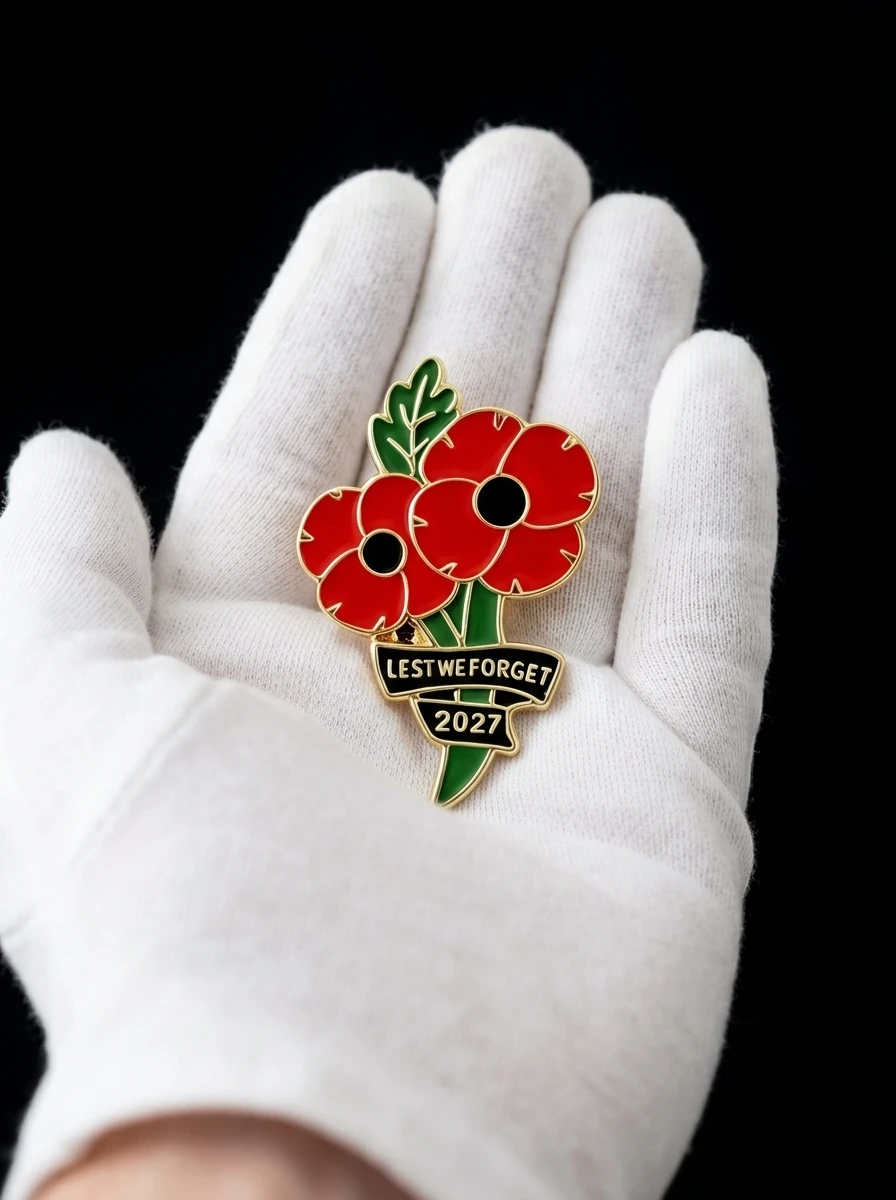 2027 Lest We Forget Red Poppy Enamel Brooch Gold Plated Alloy Remembrance Day Lapel Pin Memorial Jewelry Gift for Veterans