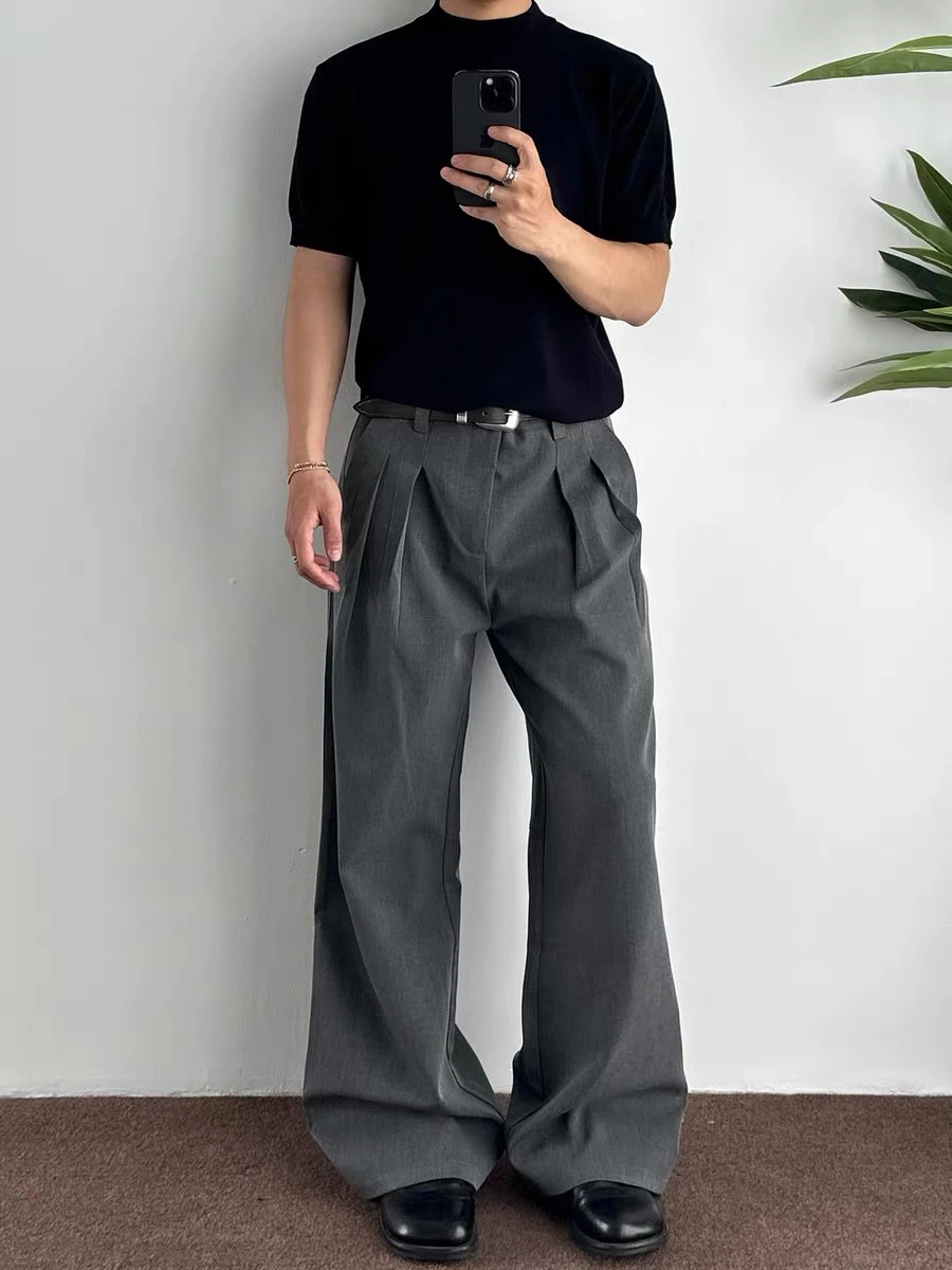 

Men's Retro Sle Cleanfit Double Pleat A-Line Wide Leg Pants Casual Loose Long Trousers Summer Faion Youth
