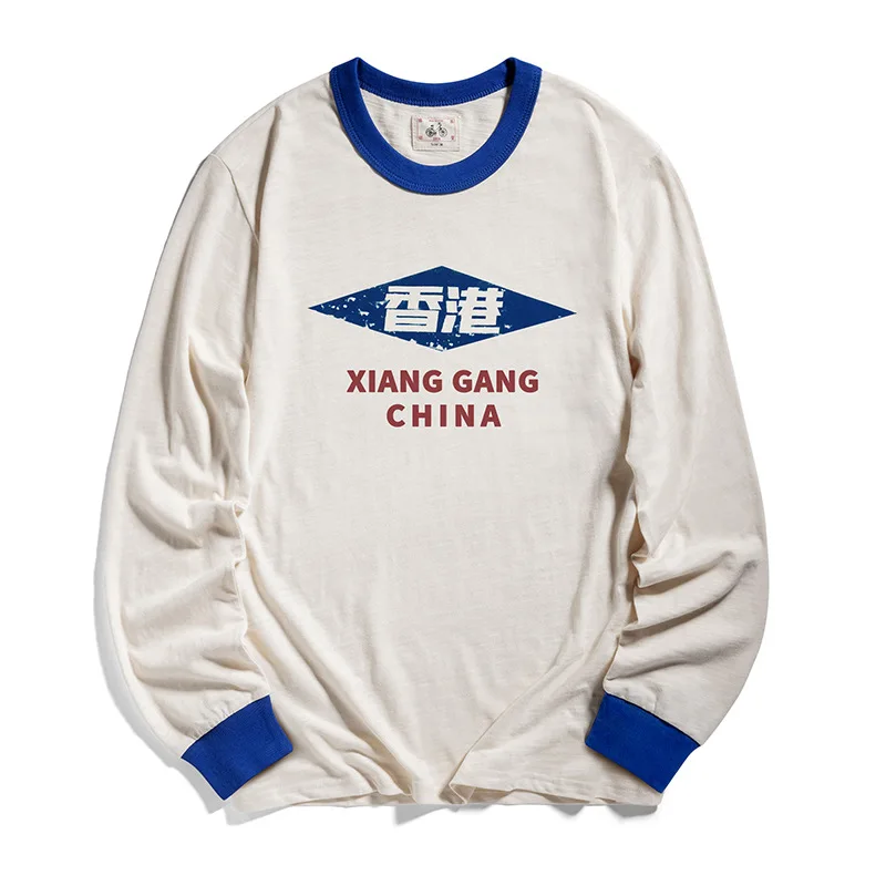 

Hongkong City Retro T-shirt For Men Spring Fall Fashion Long Sleeve O-neck Vintage Pullovers Youth New Classical Basic Tops Tees