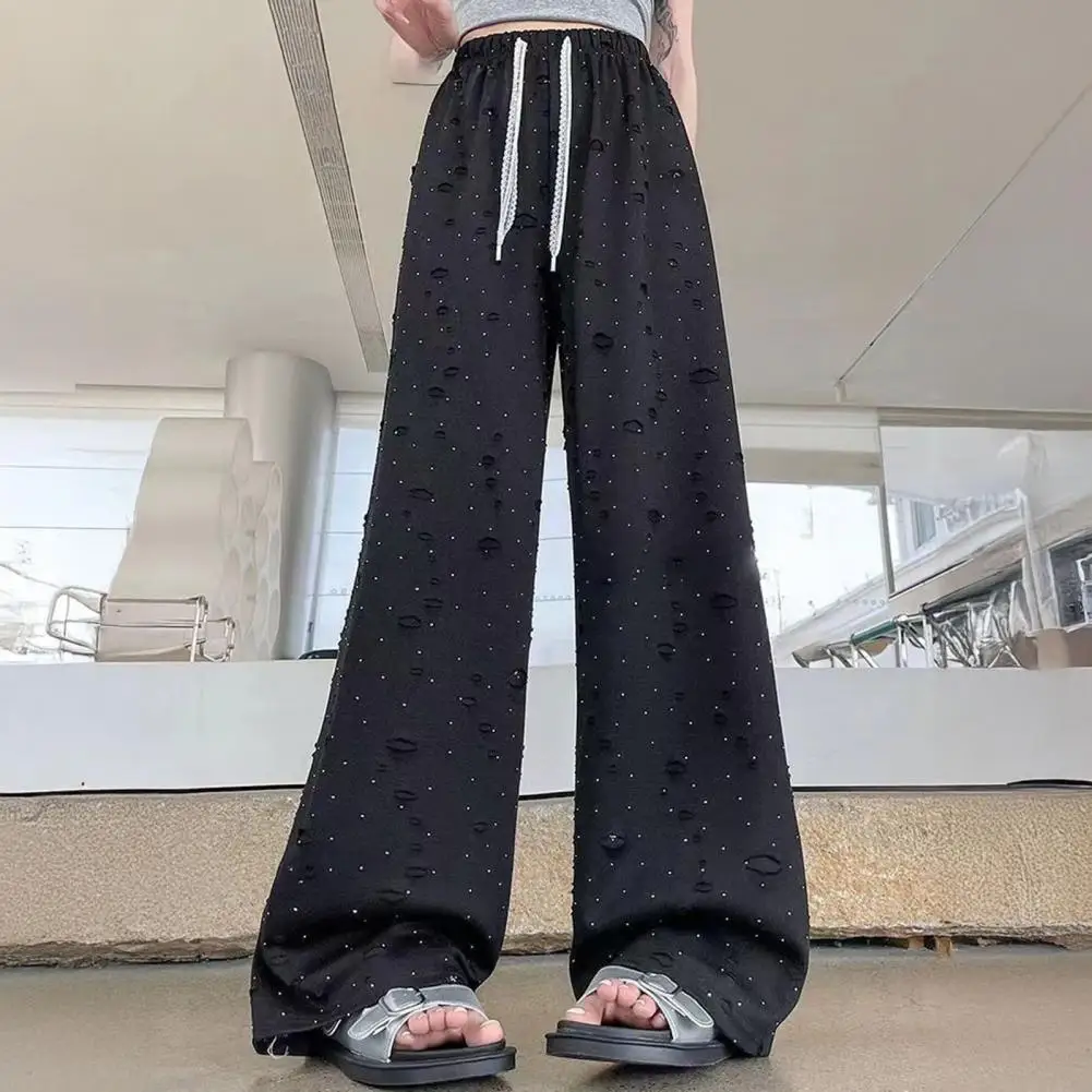 Comfortable Women's Solid Color Pants Elastic High Waist Loose Fit Long Casual Trousers