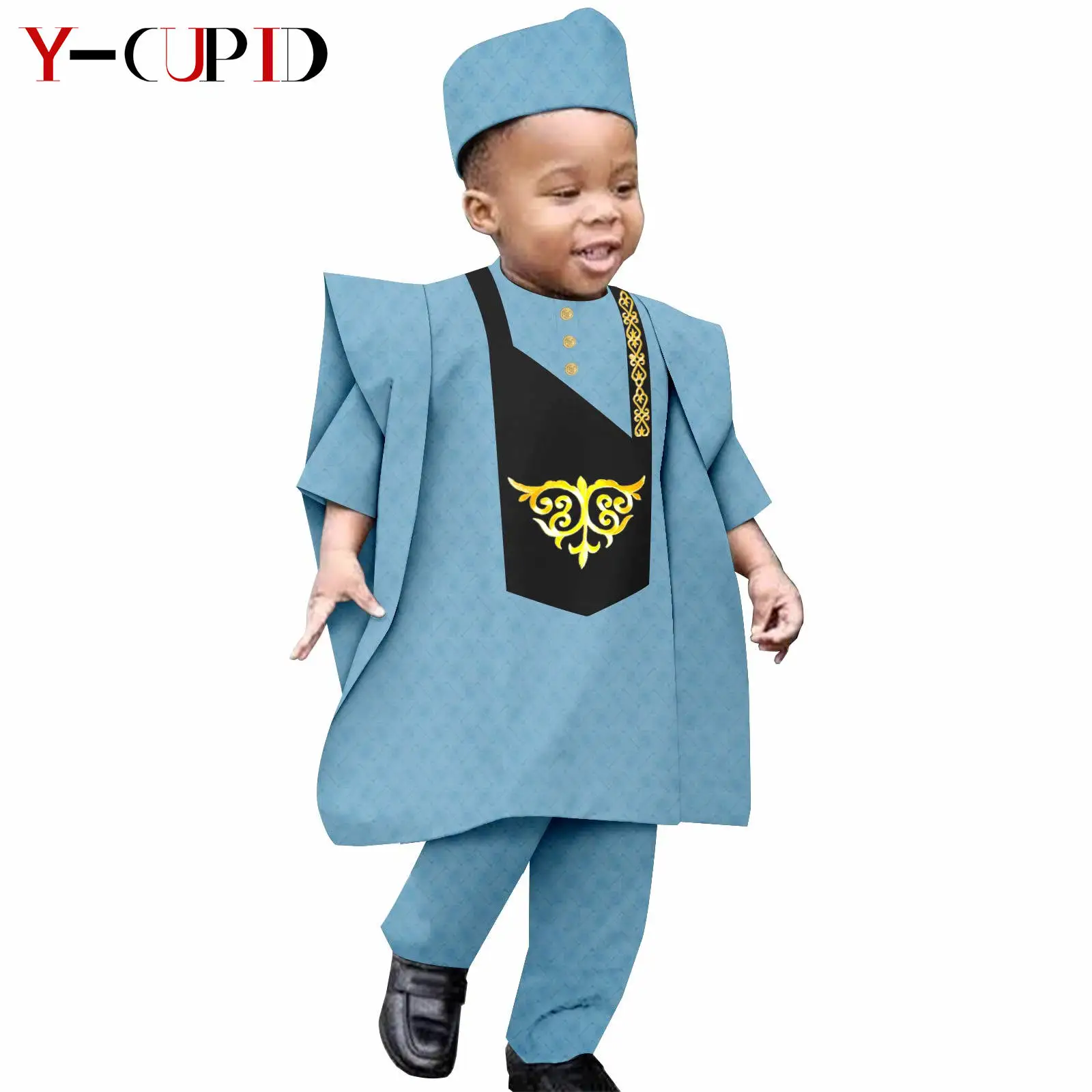 Africa Clothing Bazin Riche Boy Outfit Muslim Sets Shirt Pant Robes Cap Kids Children Suits Agbada Traditional Outwear Y234013