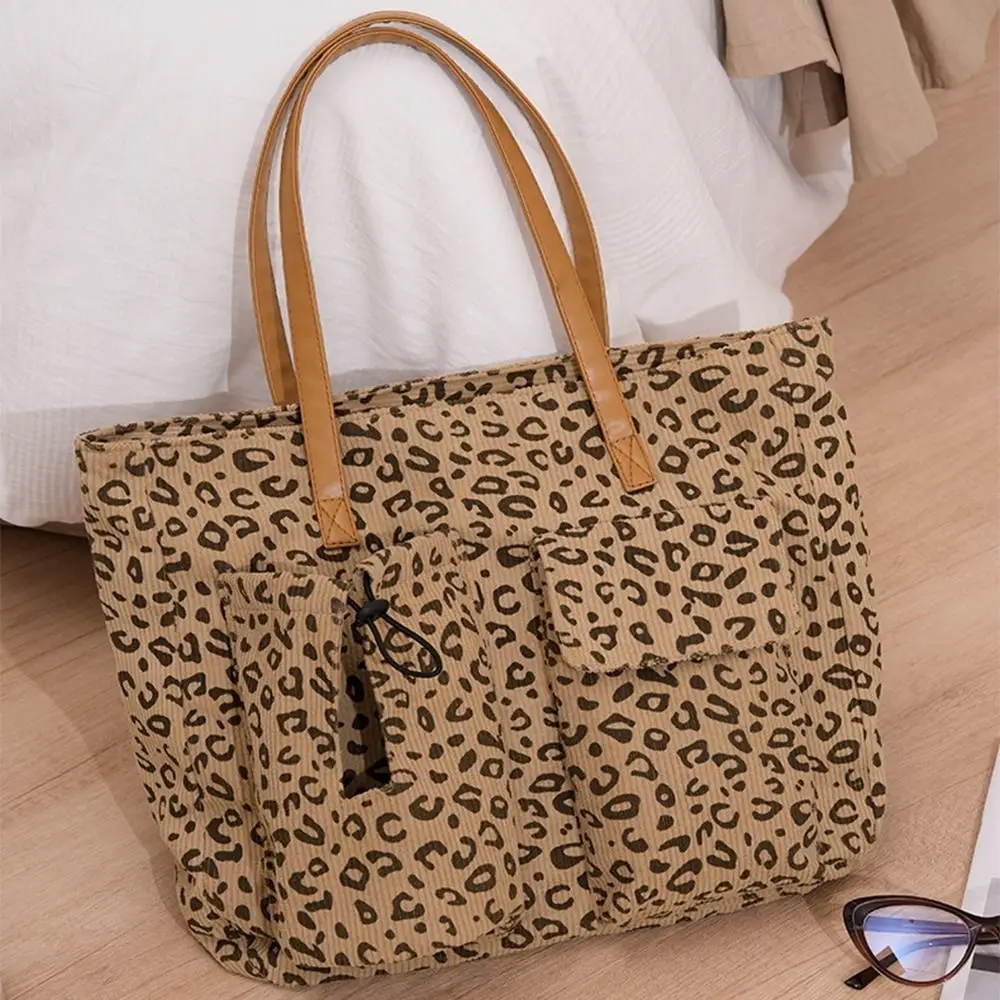 

Large Capacity Corduroy Tote Bag Adjustable Shoulder Cherry/Leopard Pattern Women's Shoulder Bag Water Bottle Holder Simple