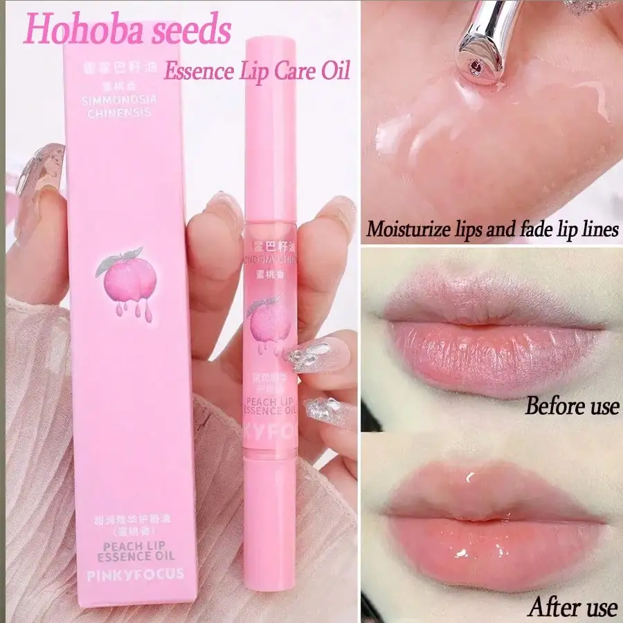 Pinkyfocus Peach Lip Oil - Sweet Moisturizing Serum, Hydrating & Nourishing, Reduces Lip Lines, Autumn Winter