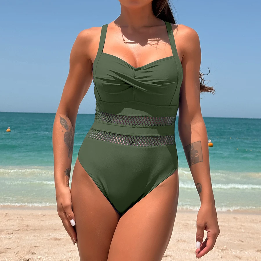 2025 neue frauen Mesh einteiliges Bikini Sexy Weibliche Schlinge Feste Badeanzug Enge Backless Bademode Kreuz Push-Up strand Badeanzug